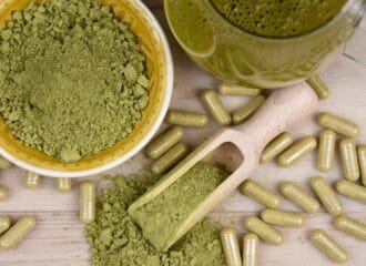 Kratom Mitragyna speciosa powder, capsule and drink